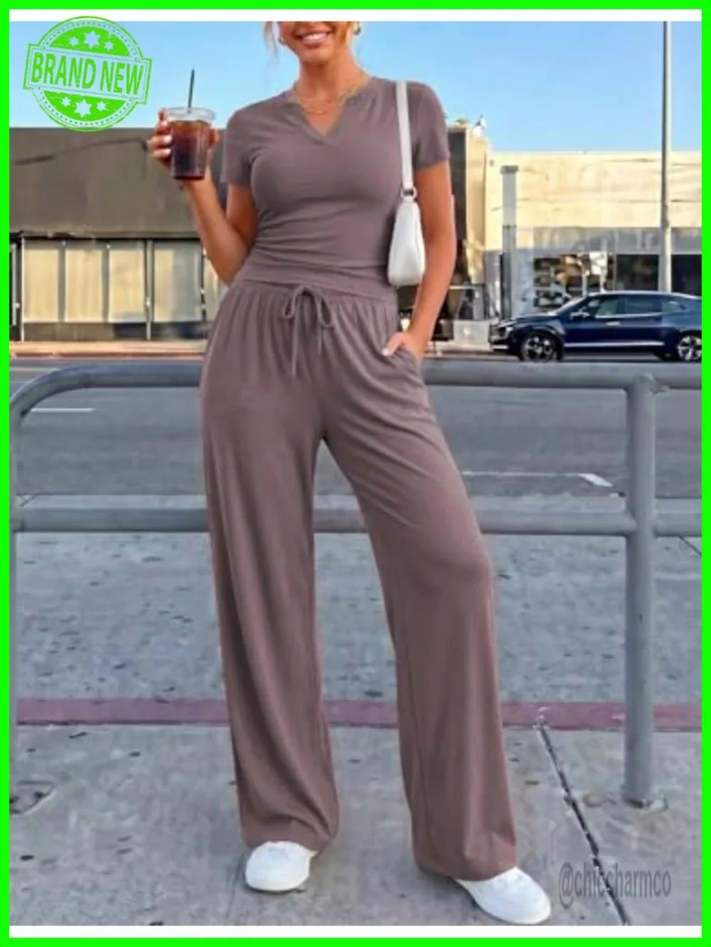 2 Piece Lounge Sets Women Summer Travel V Neck Top Wide Leg Pants